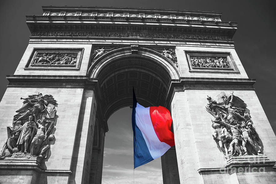 French flag waving under Arc de Triomphe. Paris. Retro toned Photograph ...