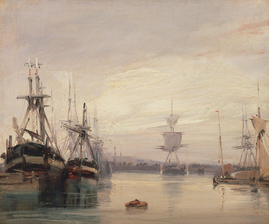 Boat Painting - French harbor scene by Unknown artist