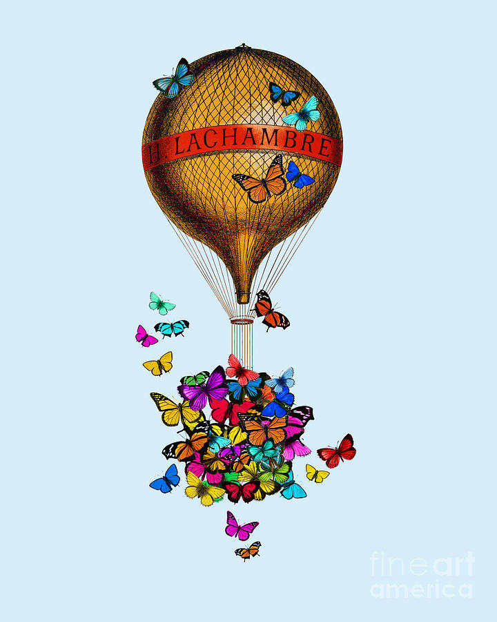 Butterfly Digital Art - French hot air balloon with rainbow butterflies basket by Madame Memento
