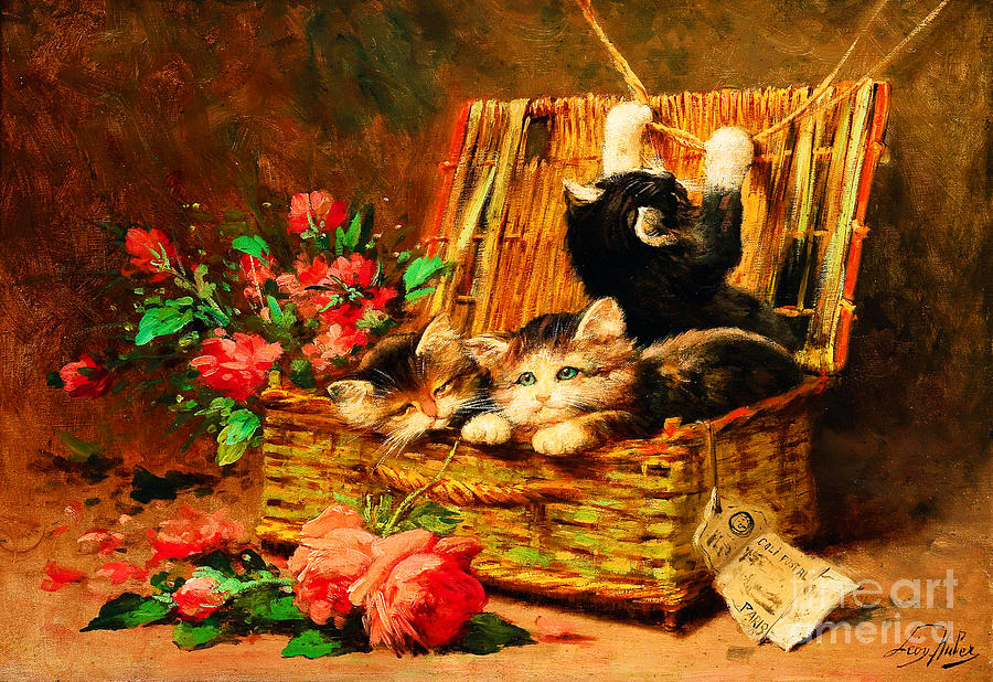 French Kittens Playing in a Picnic Basket with Pink Roses 1928 Painting by Peter Ogden