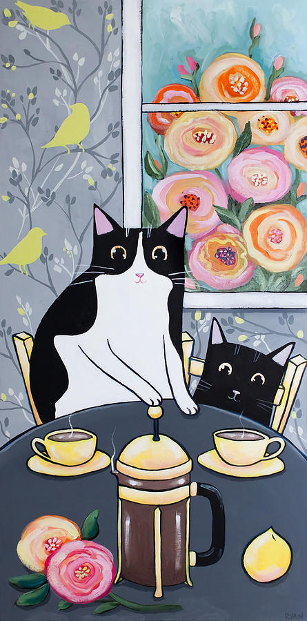 French Press Morning Coffee Cats Poster retro Painting by Selina Miller ...