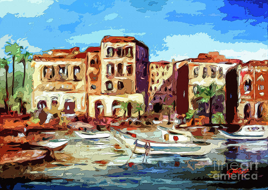 French Riviera Village and Boats Mixed Media by Ginette Callaway
