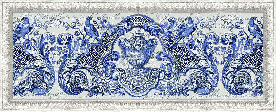 French Toile Chinoiserie Floral Blue and White Script Collage 4 Painting by Audrey Jeanne Roberts