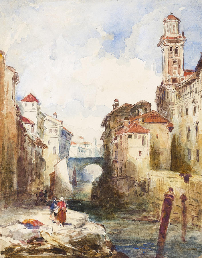 French Town, Buildings and River Drawing by Richard Parkes Bonington