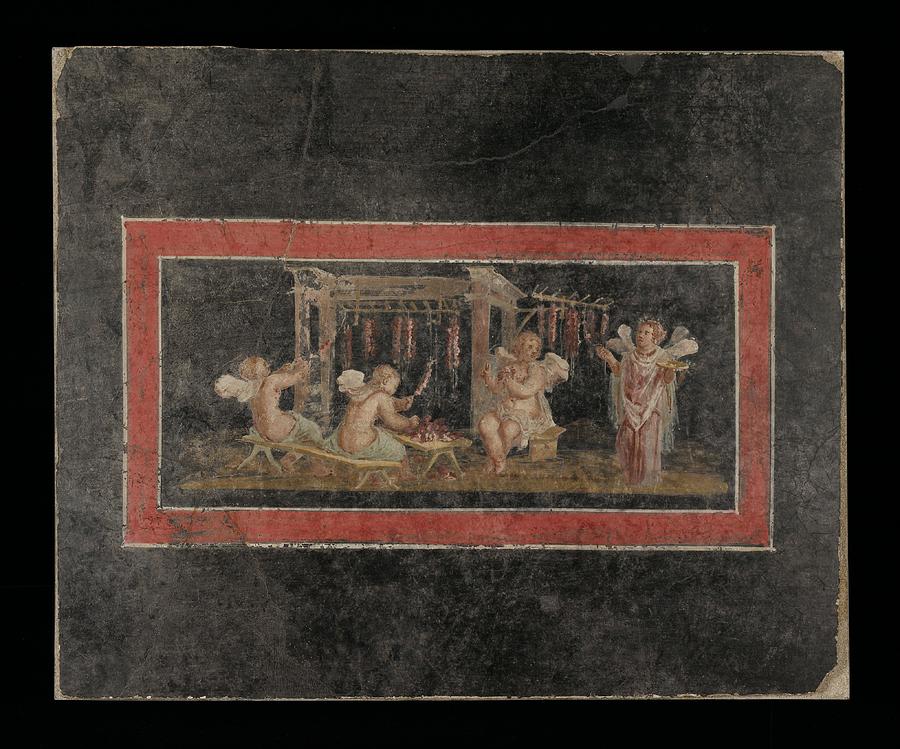 Fragment Painting - Fresco Fragment With Four Cupids Hanging Garlands by Unknown