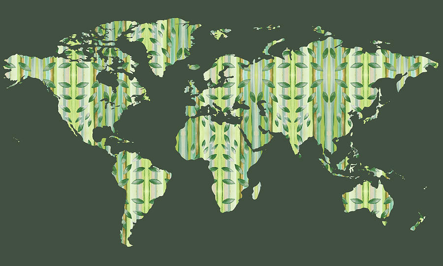 Fresh Green Leaves And Lines World Map Silhouette Painting by Irina Sztukowski