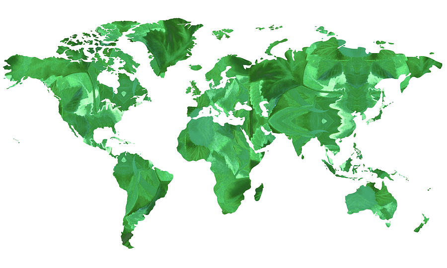 Fresh Green Leaves Watercolor World Map Silhouette  Painting by Irina Sztukowski