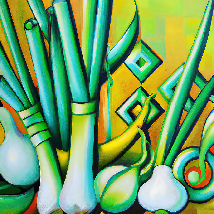 Onion Painting - Fresh Green Scallions - Funky Vegetables Abstract by StellArt Studio