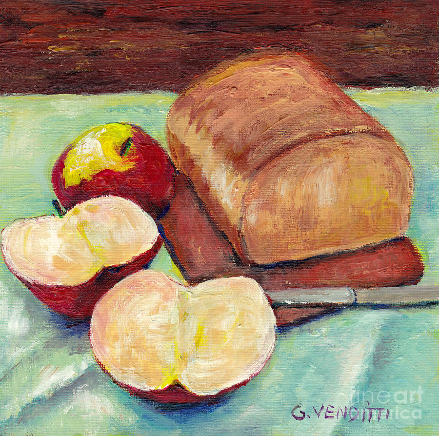 Fresh Whole Wheat Bread With Red And Golden Apple And Apple Slices Grace Venditti Canadian Artist Painting by Grace Venditti
