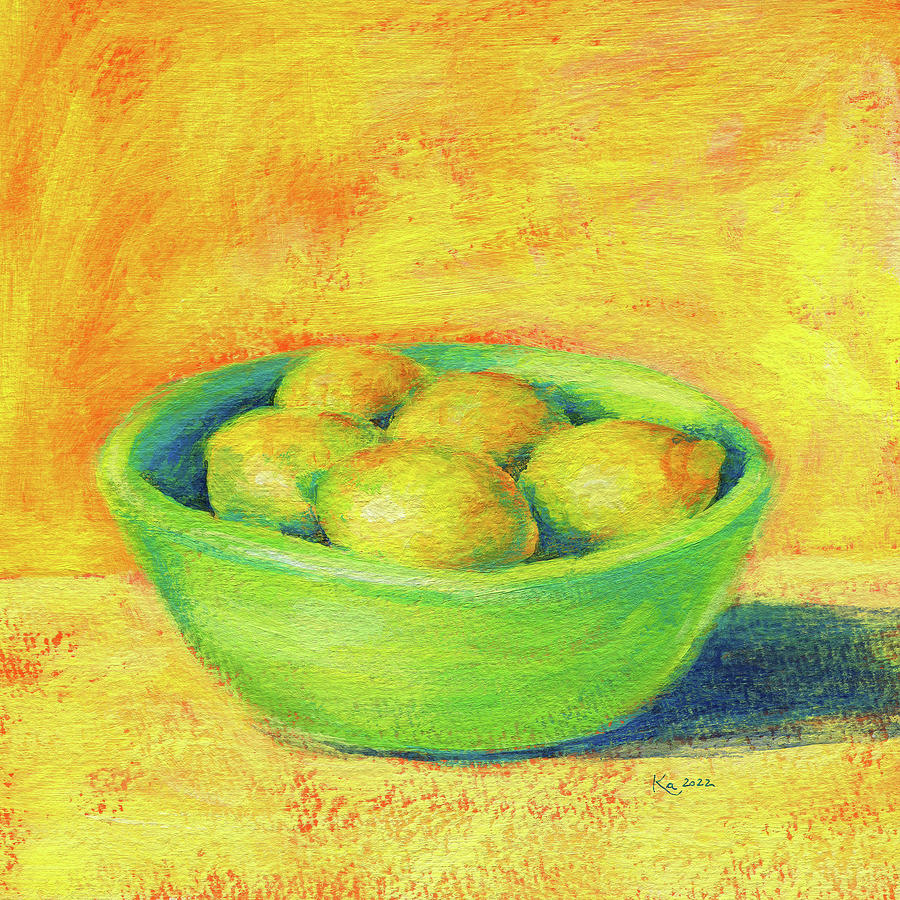 Fresh lemons in a green bowl Painting by Karen Kaspar