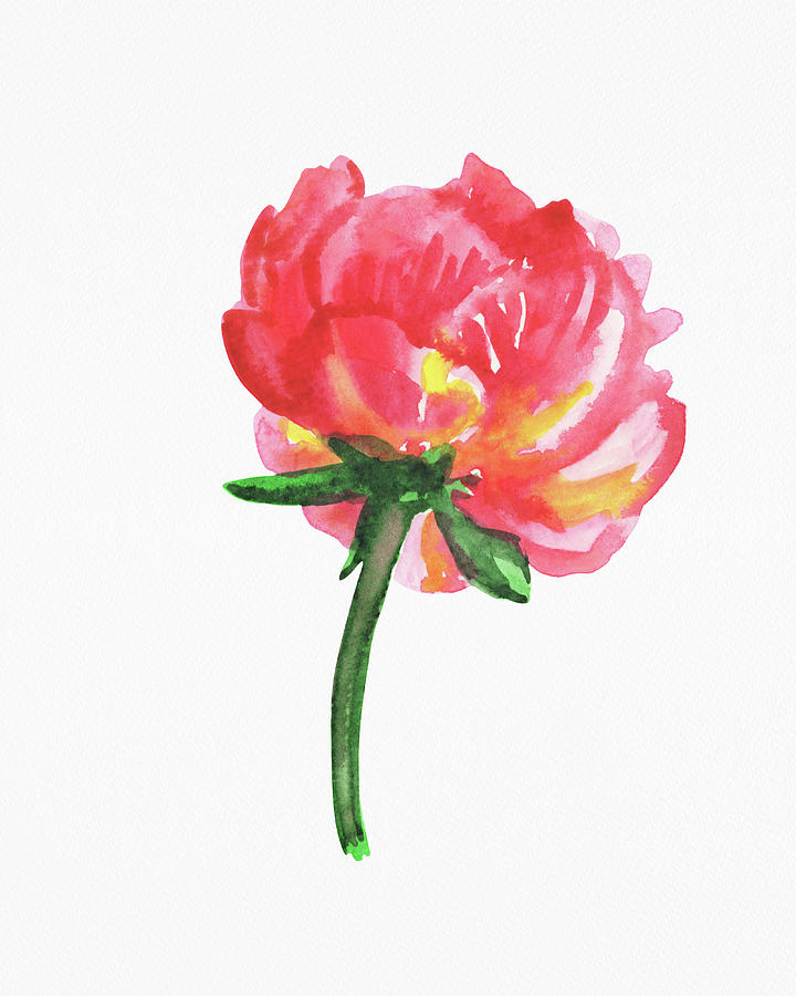 Fresh Red Pink Peony Watercolor Flower On White Paper Floral Art Minimalism I Painting by Irina Sztukowski