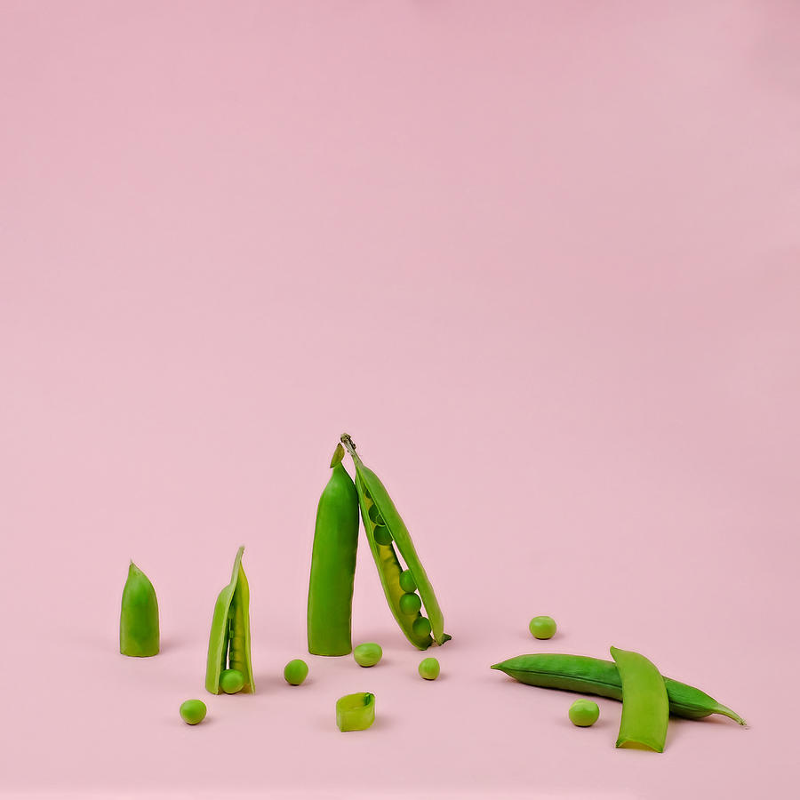 Fresh spring peas arranged in a still life on a pink background Photograph by Juj Winn