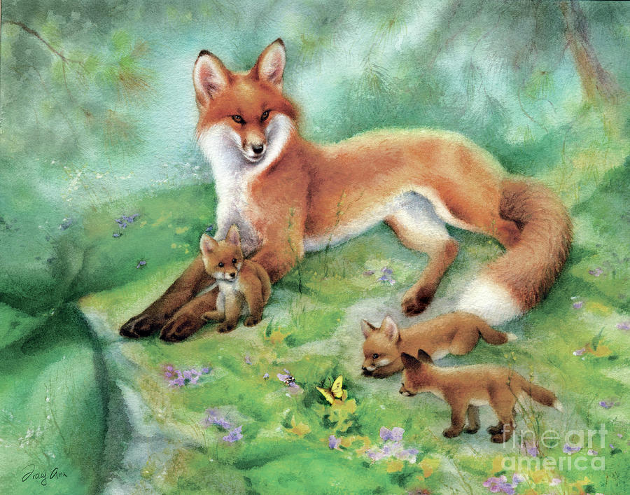 Fresh Spring Reds, Fox Family Painting by Tracy Herrmann