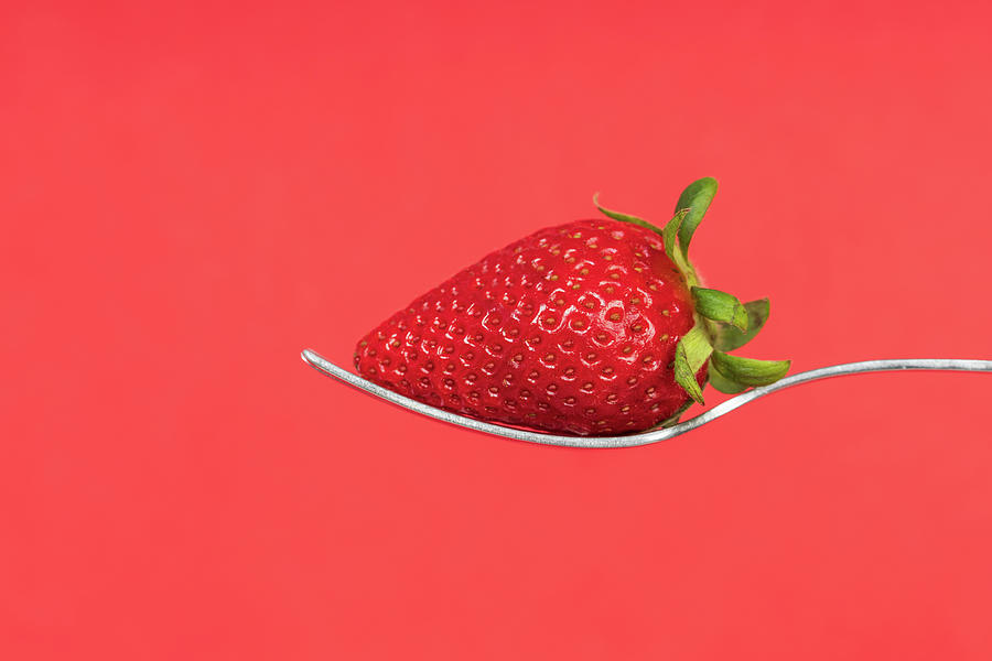 Fresh Strawberry On A Fork Against Red Background Photograph