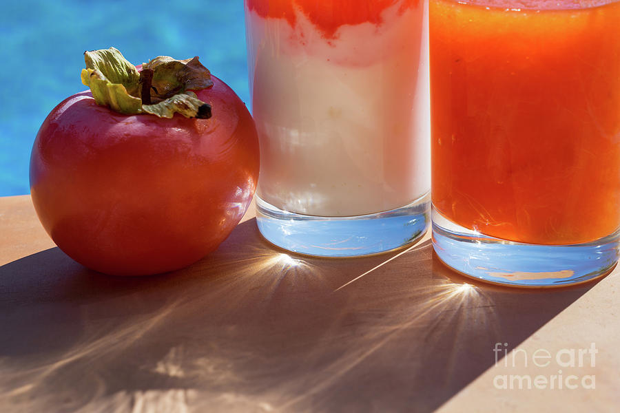 Fresh Sweet Persimmon And Delicious Drinks In The Summer Sun Photograph by Adriana Mueller