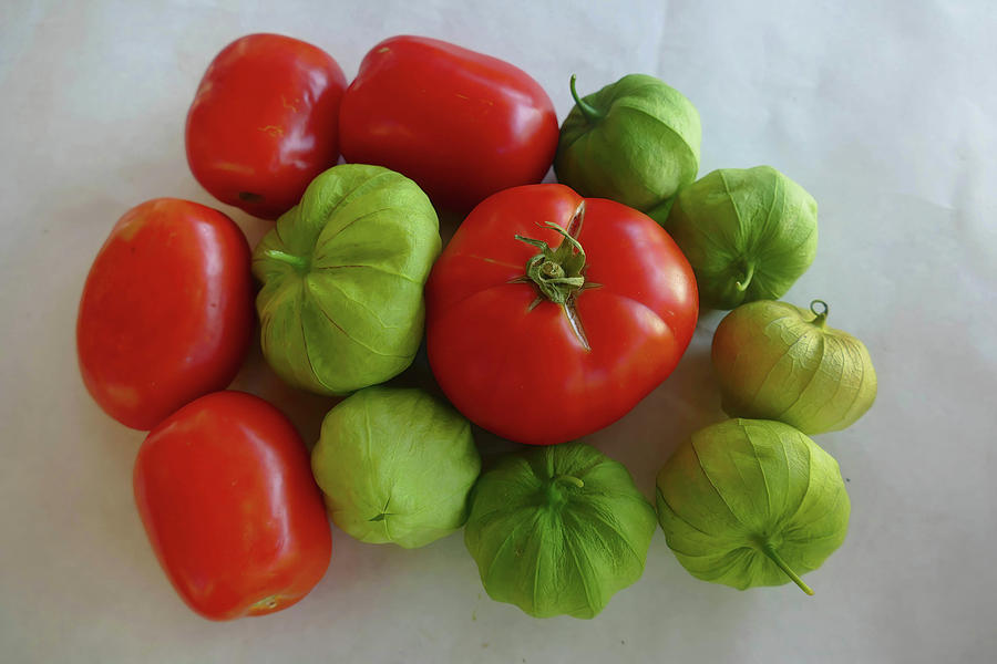 Fresh tomatoes and tomatillos from garden Photograph by Steve Estvanik