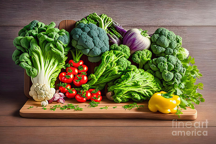 Fresh Vegetables on Wooden board by Kaye Menner Digital Art by Kaye Menner