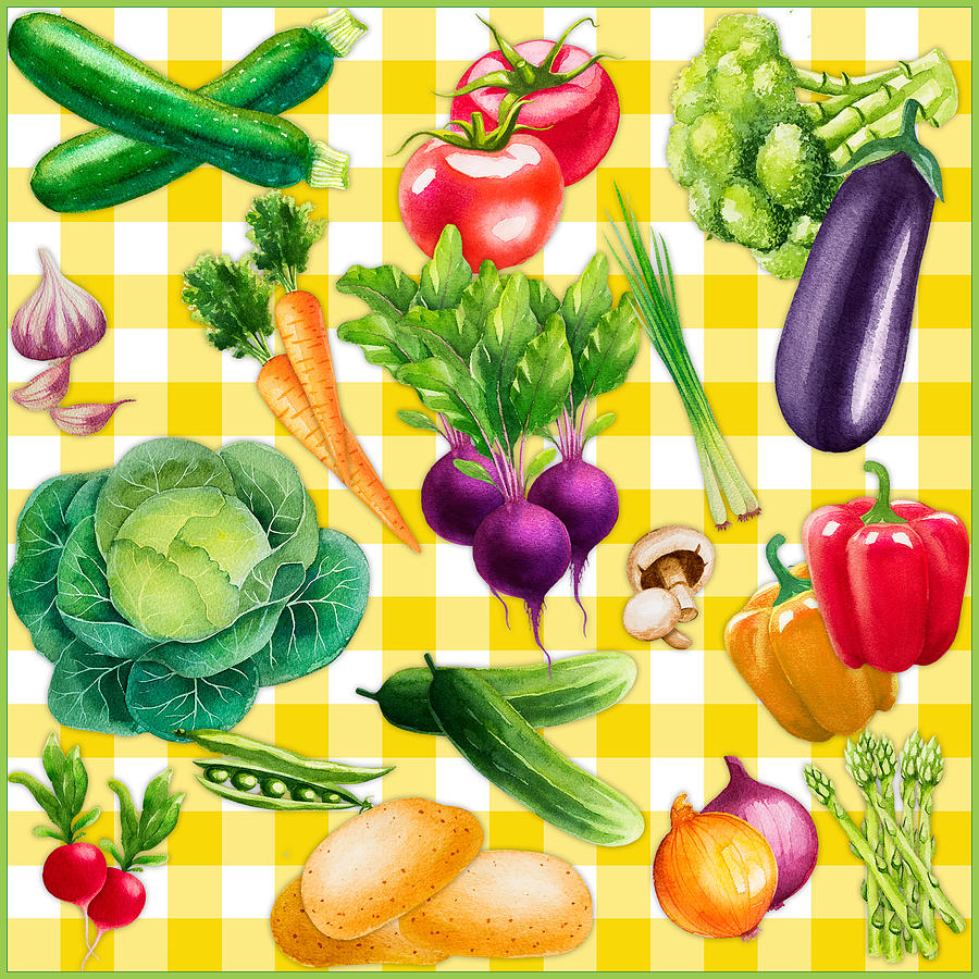 Fresh veggies on checkered background Digital Art by Denise Beverly