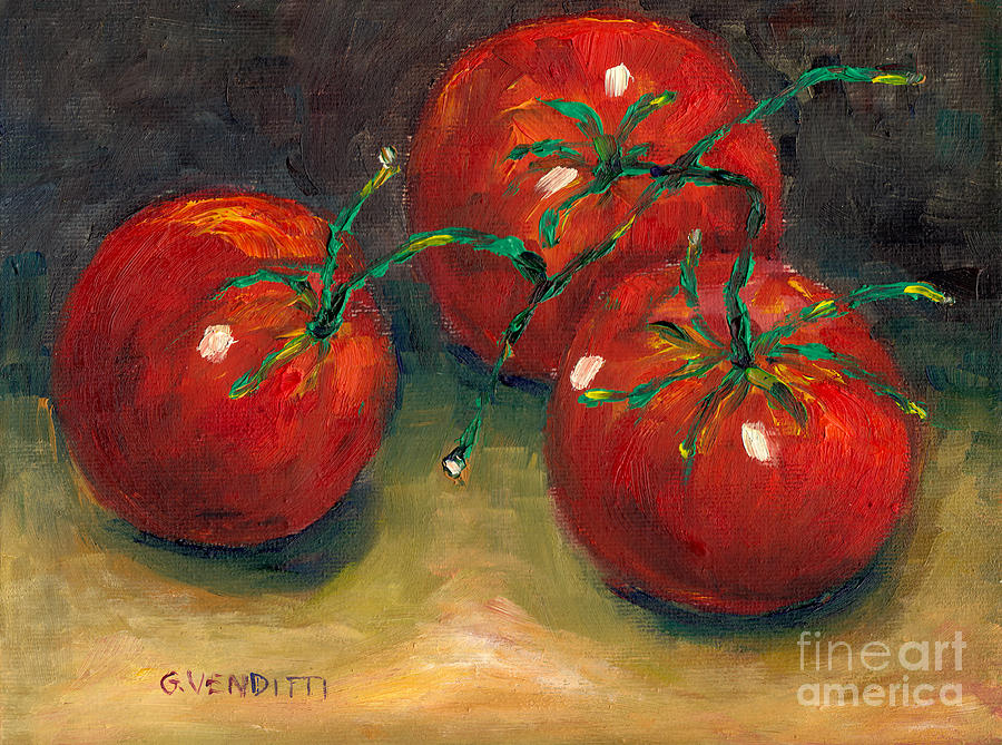 Freshly Picked Vine Tomatoes Ready To Eat Classic Kitchen Still Life Painting Grace Venditti Art Painting by Grace Venditti
