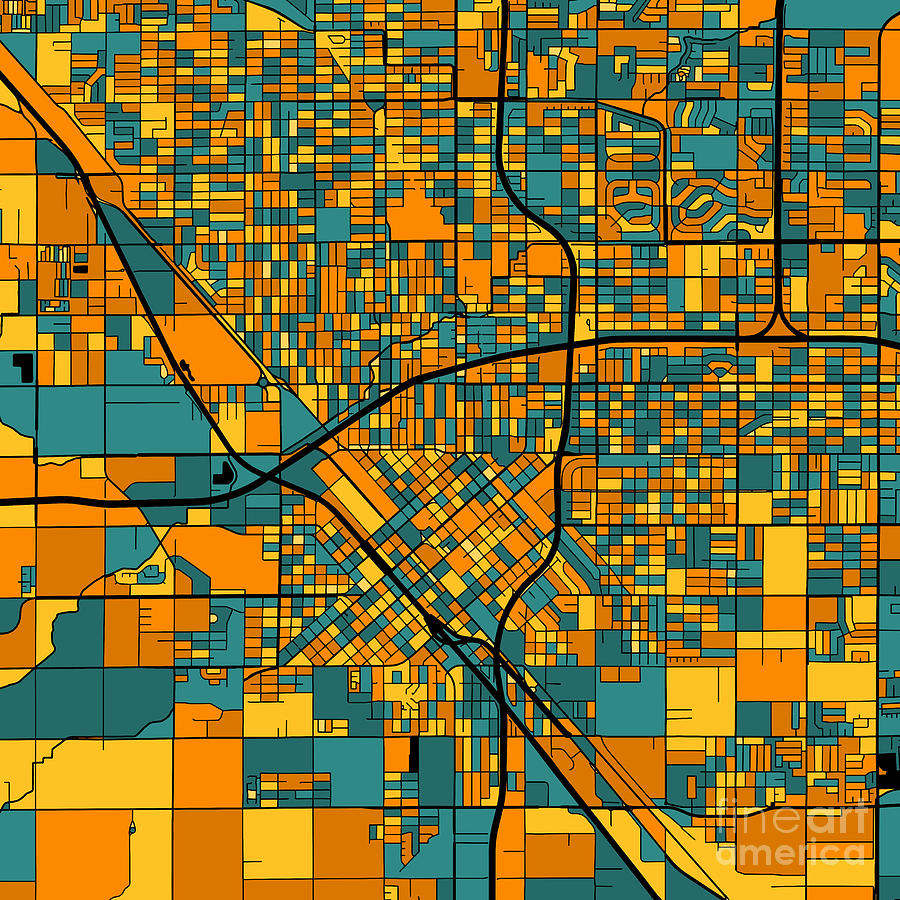 Fresno California map in Orange and Teal Digital Art by Pattern Maps ...