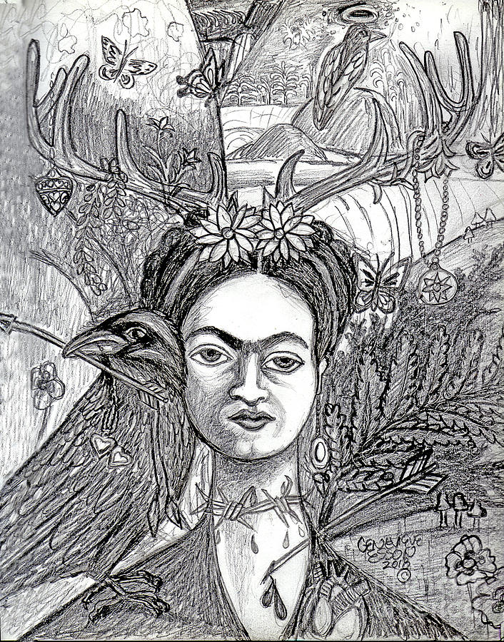 Frida In Black and White With Ravens Painting by Genevieve Esson