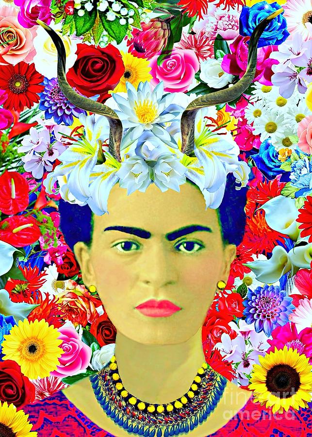 Frida Kahlo Horns Colorful Floral Painting by Morgan Freddie - Fine Art ...
