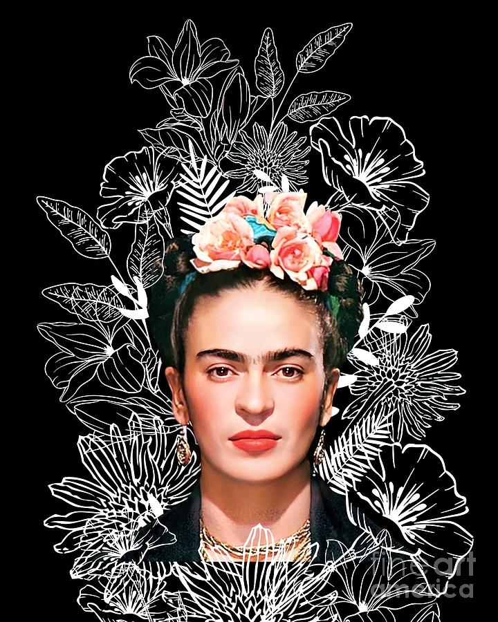 Frida Kahlo portrait color white flowers black Painting by Millie ...