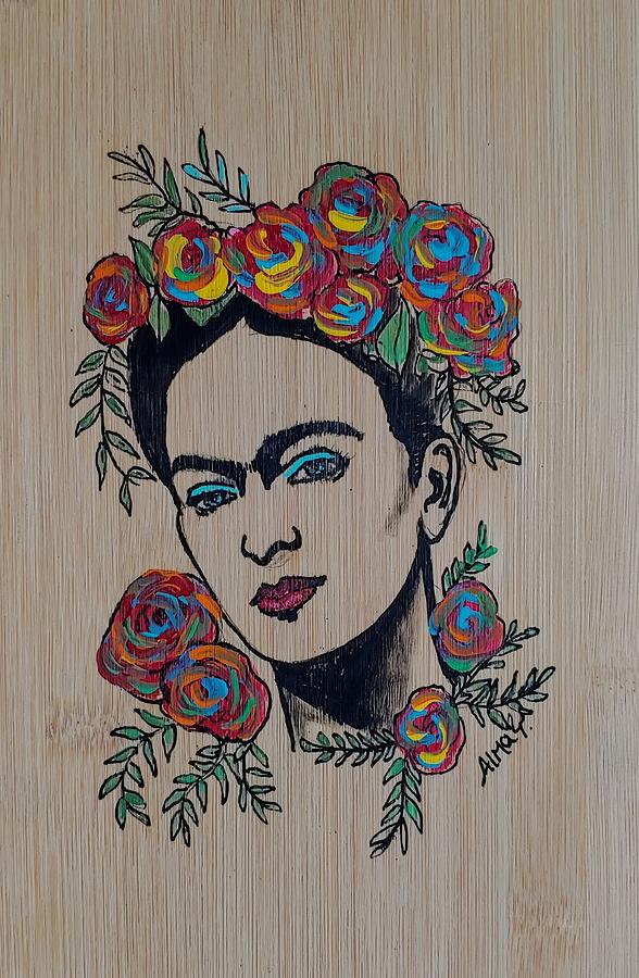 Frida Khalo on Bamboo Wood Painting by Alma Yamazaki