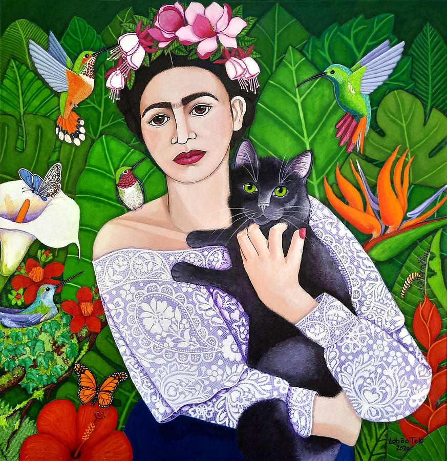 Frida With Black Cat Painting