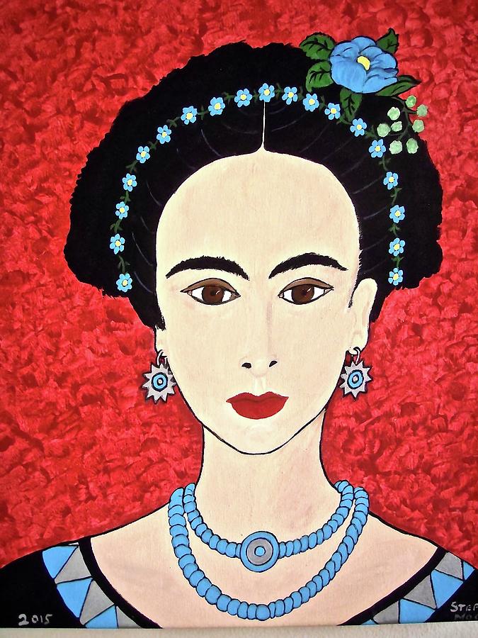 Frida with blue flowers Mixed Media by Stephanie Moore