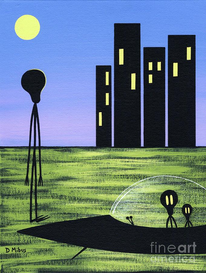 Friendly Alien Family Visits Earth Painting by Donna Mibus