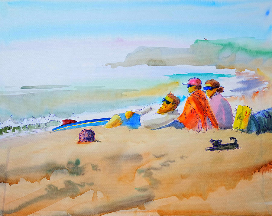Friends on the beach at Widemouth Bay Cornwall painting Painting by Mike Jory