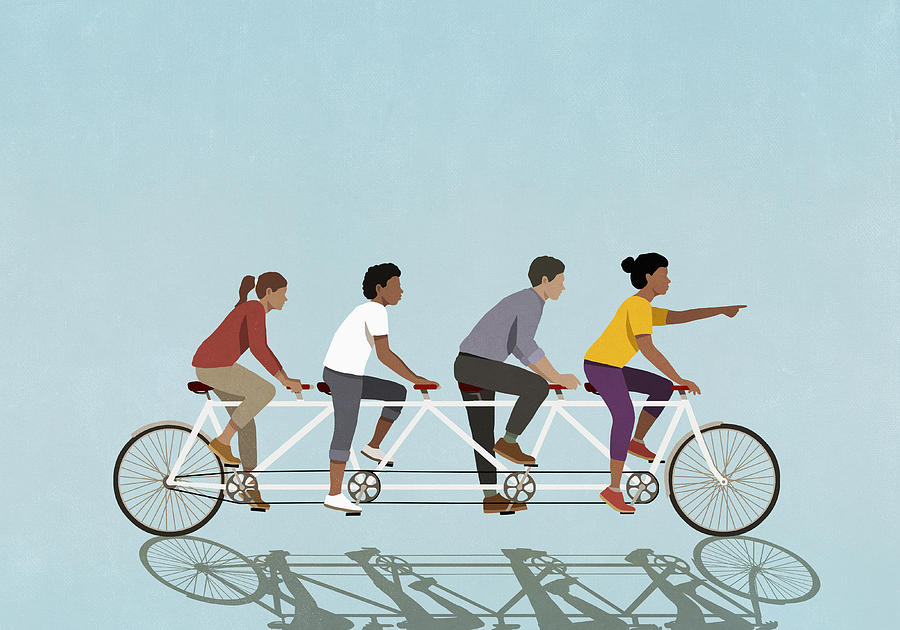 Friends riding tandem bicycle on blue background Drawing by Malte Mueller