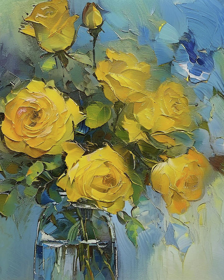 Friendship Yellow Roses in a Glass Vase Painting by Lisa Kaiser