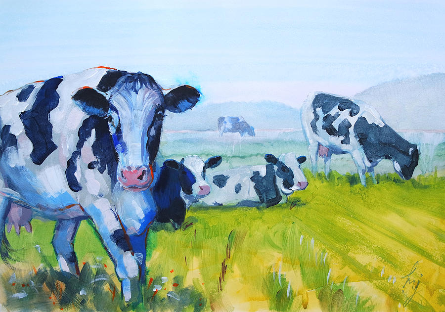 Friesian Cows grazing in field painting Painting by Mike Jory