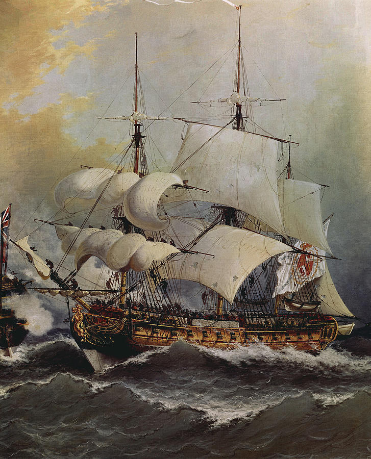 Frigate Of The Spanish Sailor Blas De Lezo In Combat With The English Ship Stanhope. Painting by Angel Maria Cortellini -1819-1882- Frigate Of The Spanish Sailor Blas De Lezo In Combat With The English Ship Stanhope. Painting by Angel Maria Cortellini -1819-1882-
