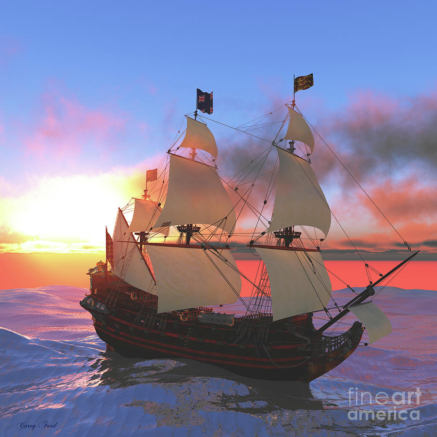 Frigate Ship at Sunset Digital Art by Corey Ford