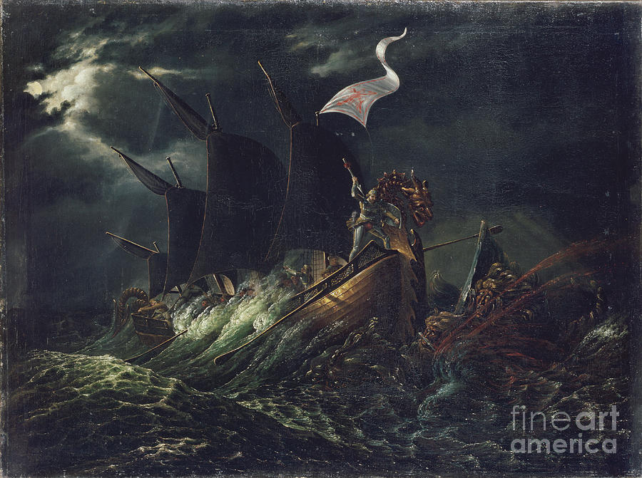 Frithjof kills two ocean trolls, 1826 Painting by O Vaering by Carl Peter Lehmann