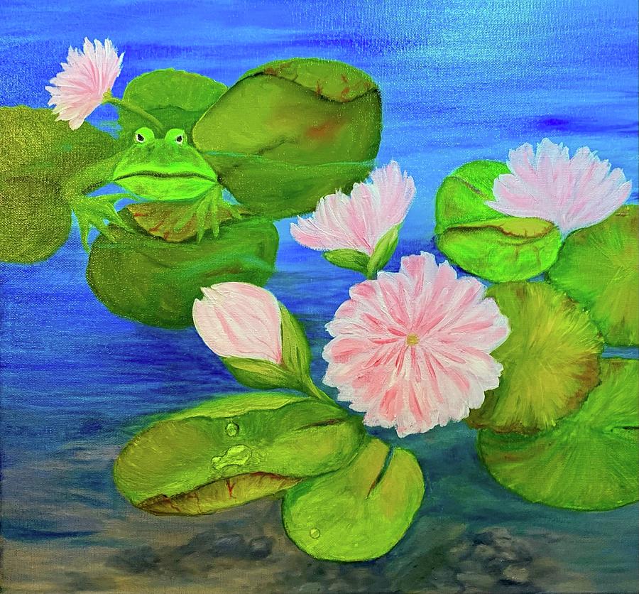 Frog among lilypads Painting by Peggy Miller