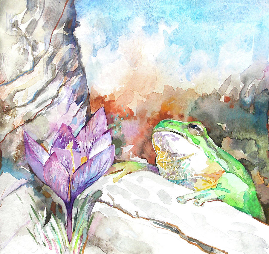 Green frog and purple crocus Painting by Katya Atanasova