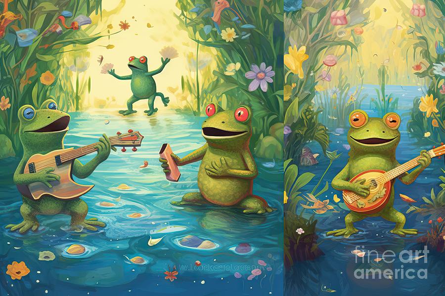 Frogs And Other Pond Animals Concert On The Lake Frog Playing Guitar ...