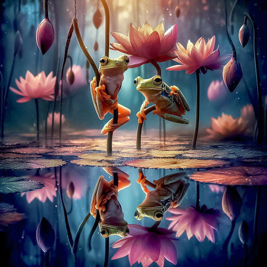 Nature Digital Art - Frogs mirror among lotus flowers by Loredana Gallo Migliorini