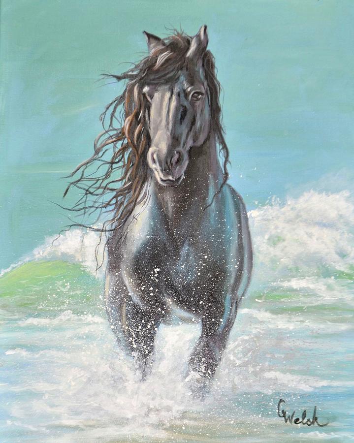 Frolicking in  Waves Painting by Cindy Welsh