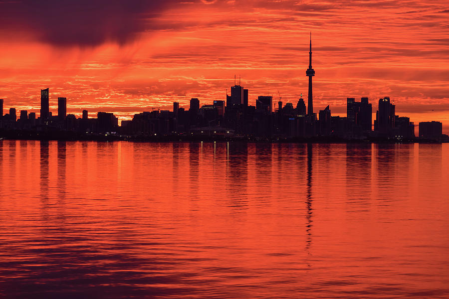 From Below The Horizon - Flamboyant Sunrise Behind Toronto Distinctive Skyline Photograph