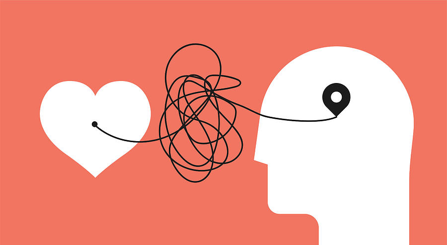 From heart to head. Distorted path from soul to brain. Psychology concept about yourself listening for your psychology therapy blog article image or post. Minimalistic vector illustration. Drawing by Dickcraft