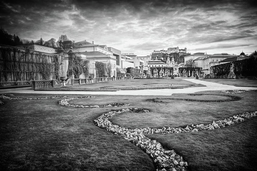 From Mirabell Gardens to Salzburg Castle Black and White  Photograph by Carol Japp