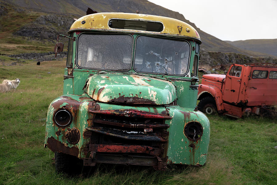 Front of an abandoned classic bus in Seydisfjordur  Photograph by RicardMN Photography