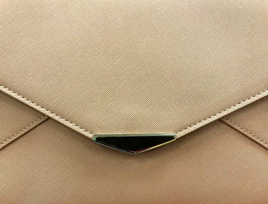 Front view of a light brown purse showing edge of flap and metal decor Photograph by Zen Rial