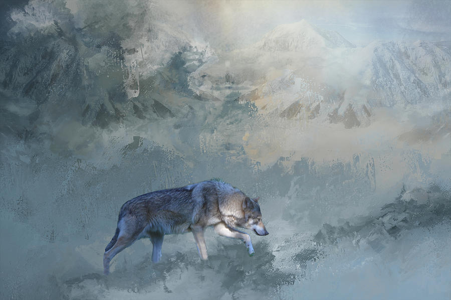 Frosty Mountain Wolf Mixed Media by Kathy Kelly