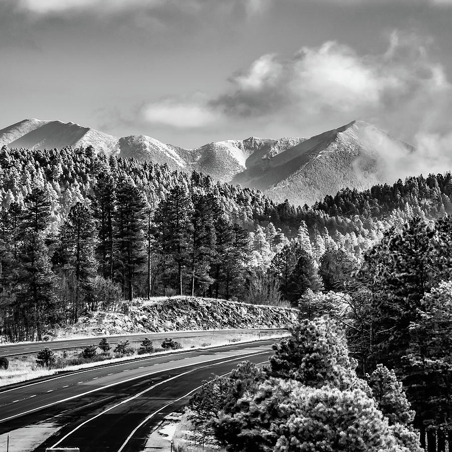 Frosty Winter Mountain Peaks Of Flagstaff Arizona BW 1x1 Photograph by Gregory Ballos
